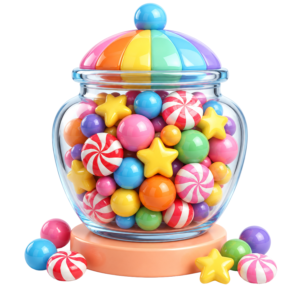 A glass jar with a rainbow lid, full of colourful sweets and stars